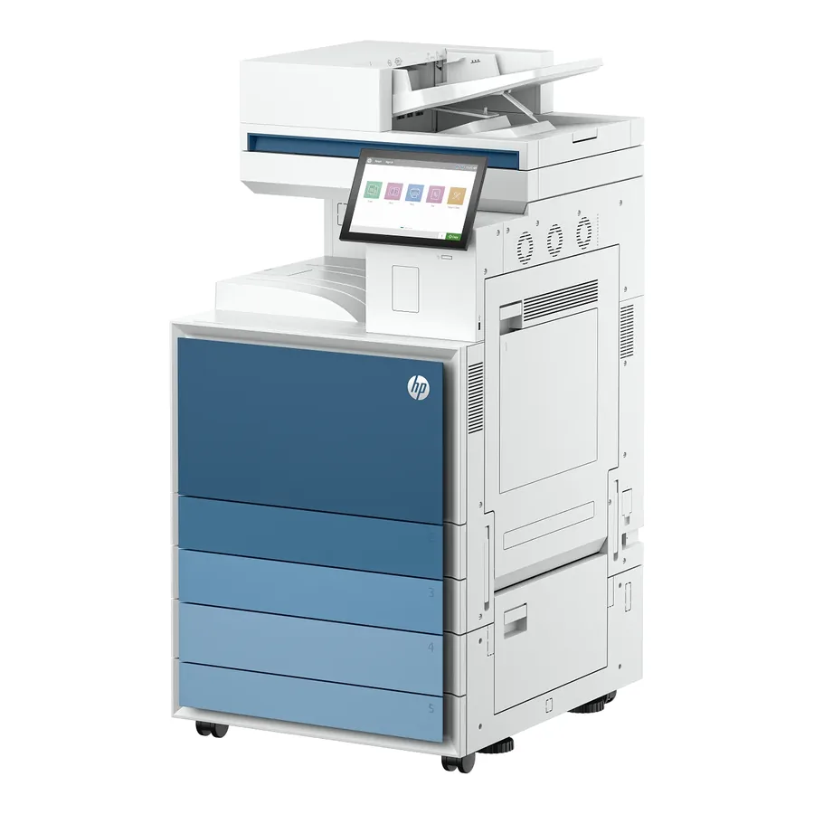 HP Color LaserJet Enterprise Flow MFP floor-standing multifunction printer with finisher